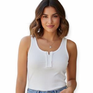 POL for ANTHROPOLOGIE Women’s White Sleeveless Ribbed Henley Tank Medium